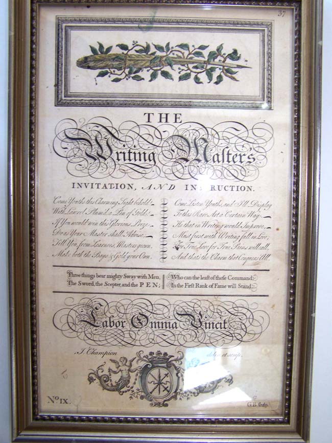 An 18th century engraving entitled "The Writing Masters" printed by George Bickham in 1741
